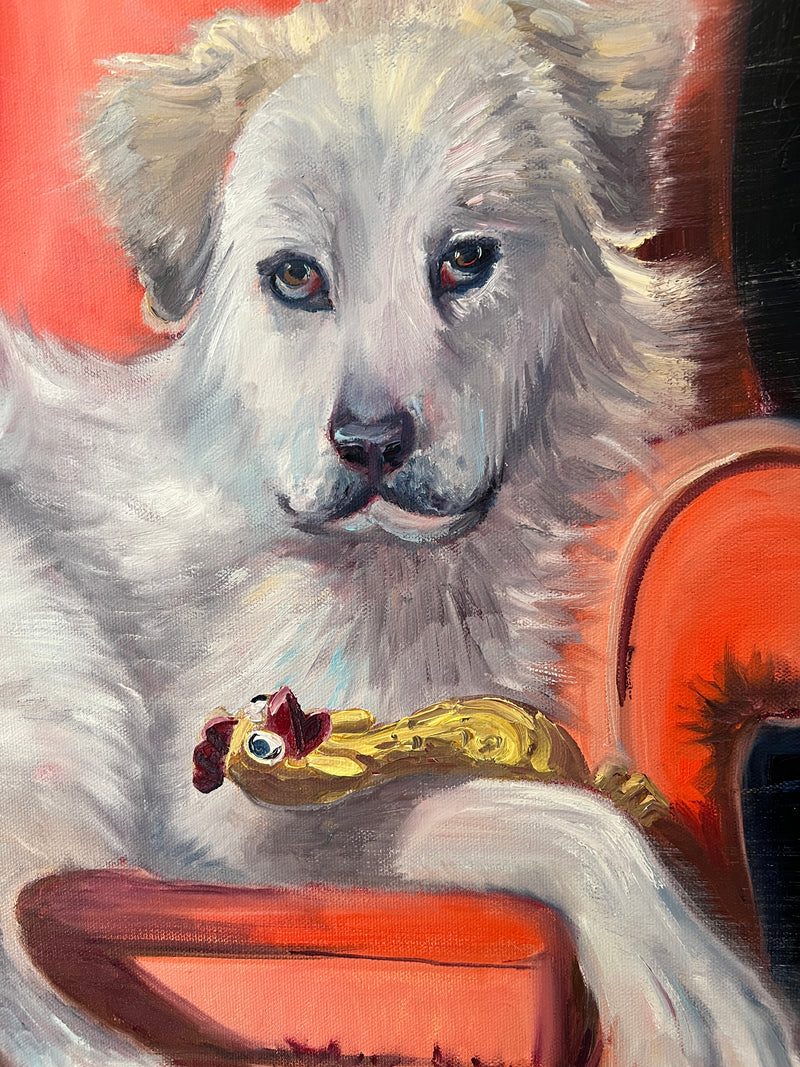 Miss Winnie in Chair with Rubber Chicken