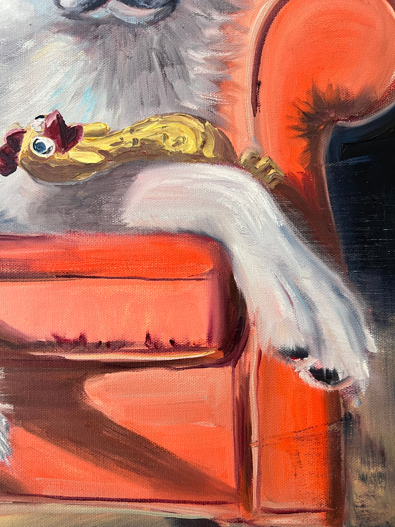 Miss Winnie in Chair with Rubber Chicken