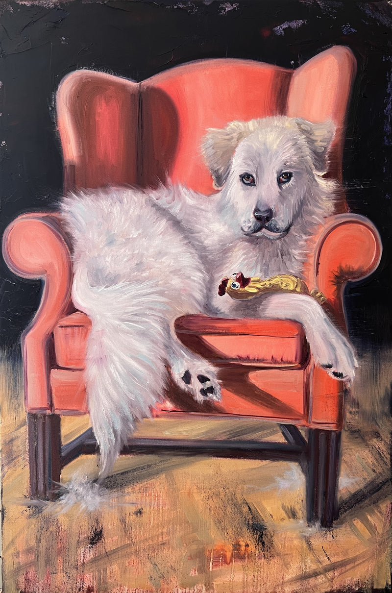 Miss Winnie in Chair with Rubber Chicken