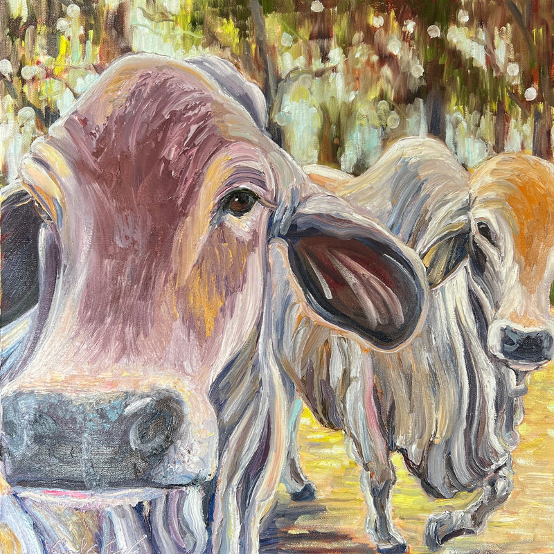 An expressive oil painting of two cows in a field, with the foreground cow in sharp focus and a second cow behind it against a soft, painterly background of green, yellow, and brown tones.
