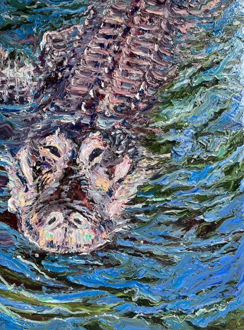 An impressionistic painting of an alligator or crocodile rising from blue-green water, rendered with thick textured brushstrokes in blue, green, gray, and brown tones.
