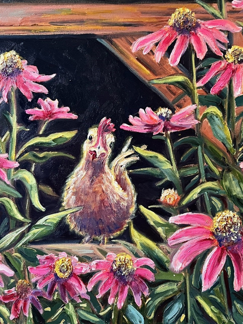 Charming Chicken & Coneflowers Matte Paper Print