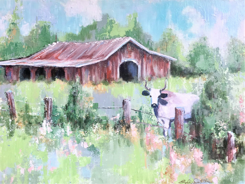 Pastoral Charm: Cow in Field Impressionistic Matte Paper Print 18x24″