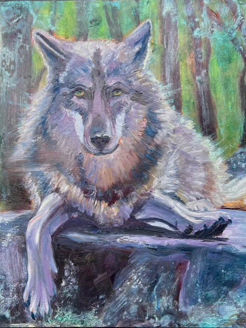 Mystical Forest Wolf Art Print – Rich Textured Acrylic Style in 18x24″ Matte Paper